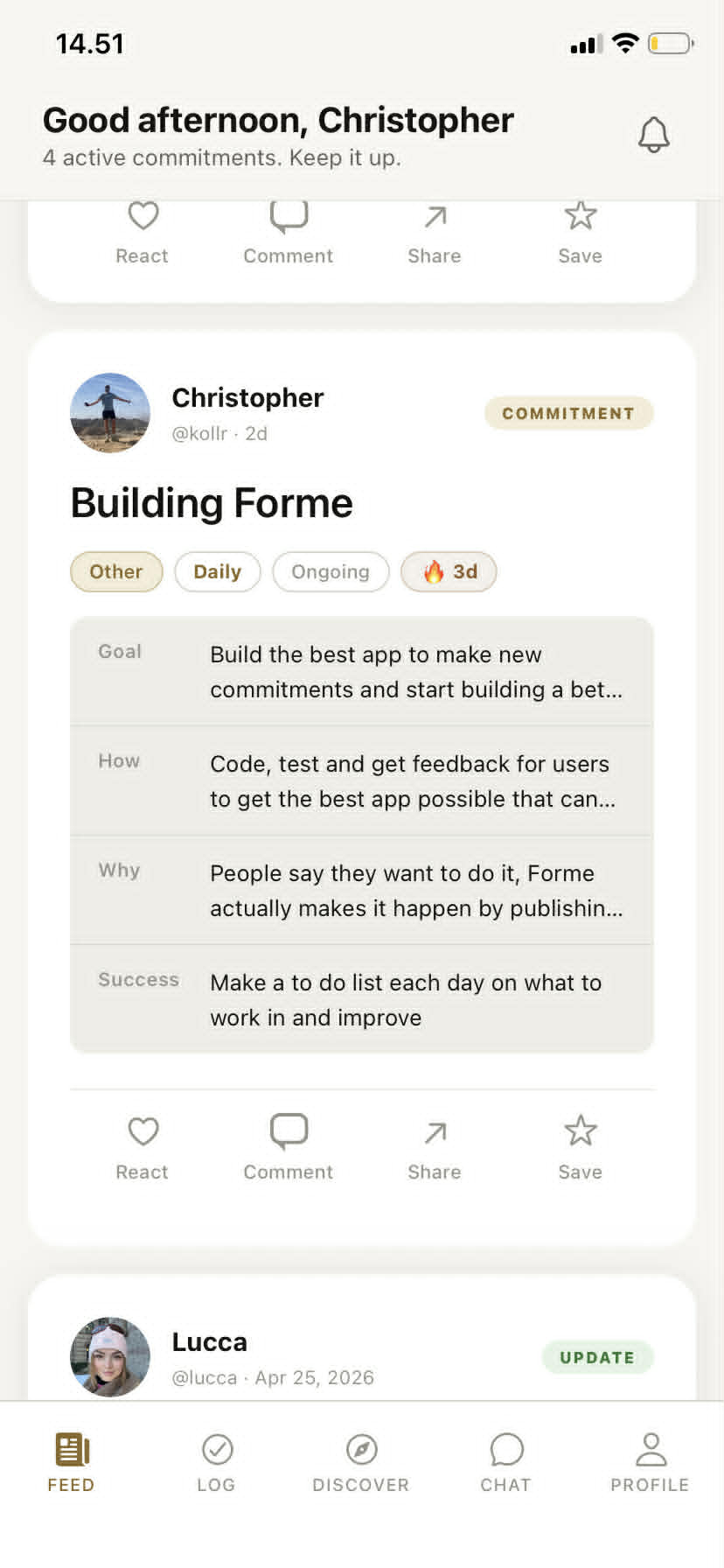The Forme app showing Christopher's 'Building Forme' commitment with goal, how, why, and success rows.
